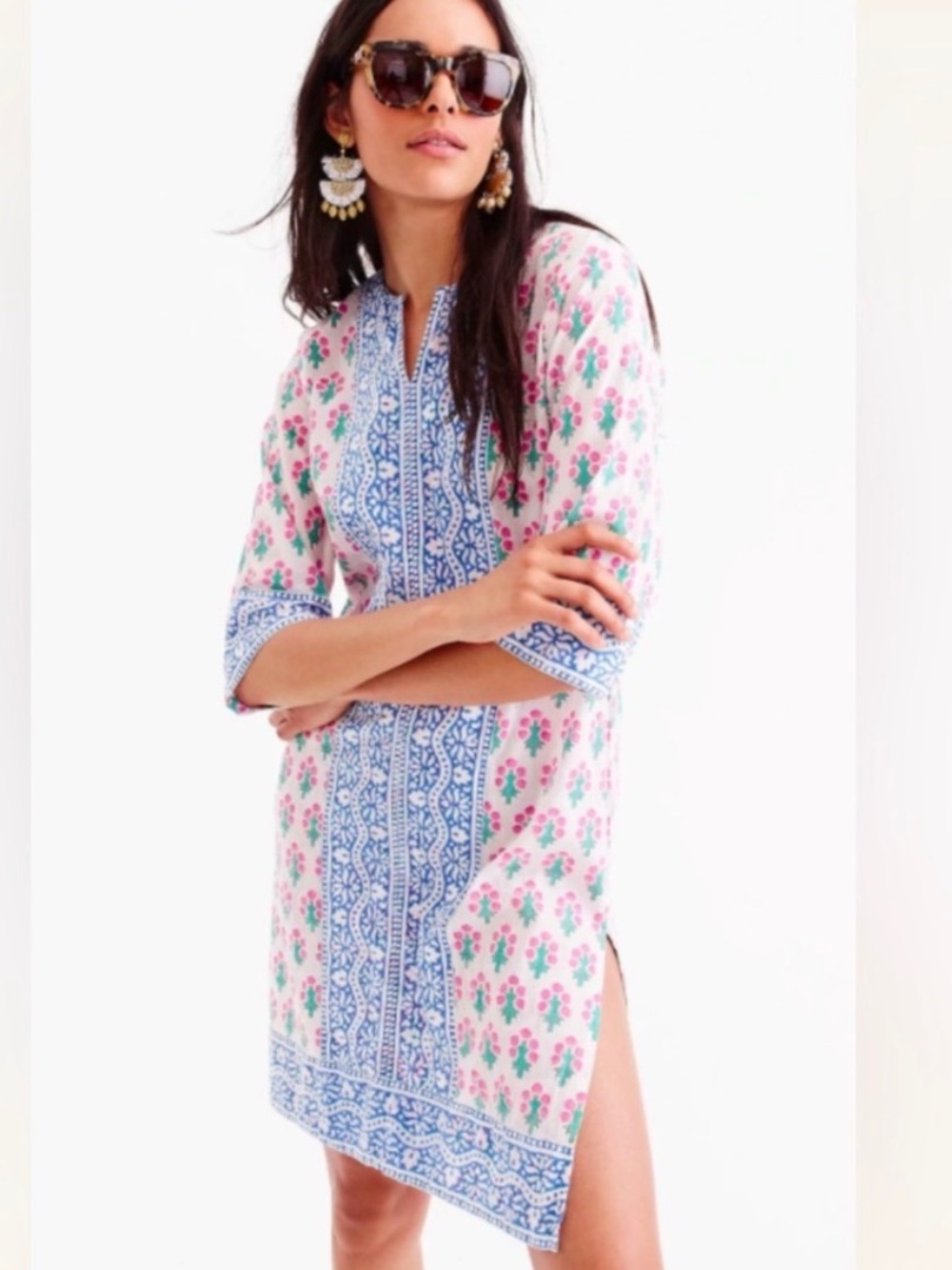 SZ Block Prints x Jcrew Cotton Printed Tunic Cover-Up in Pink & Blue